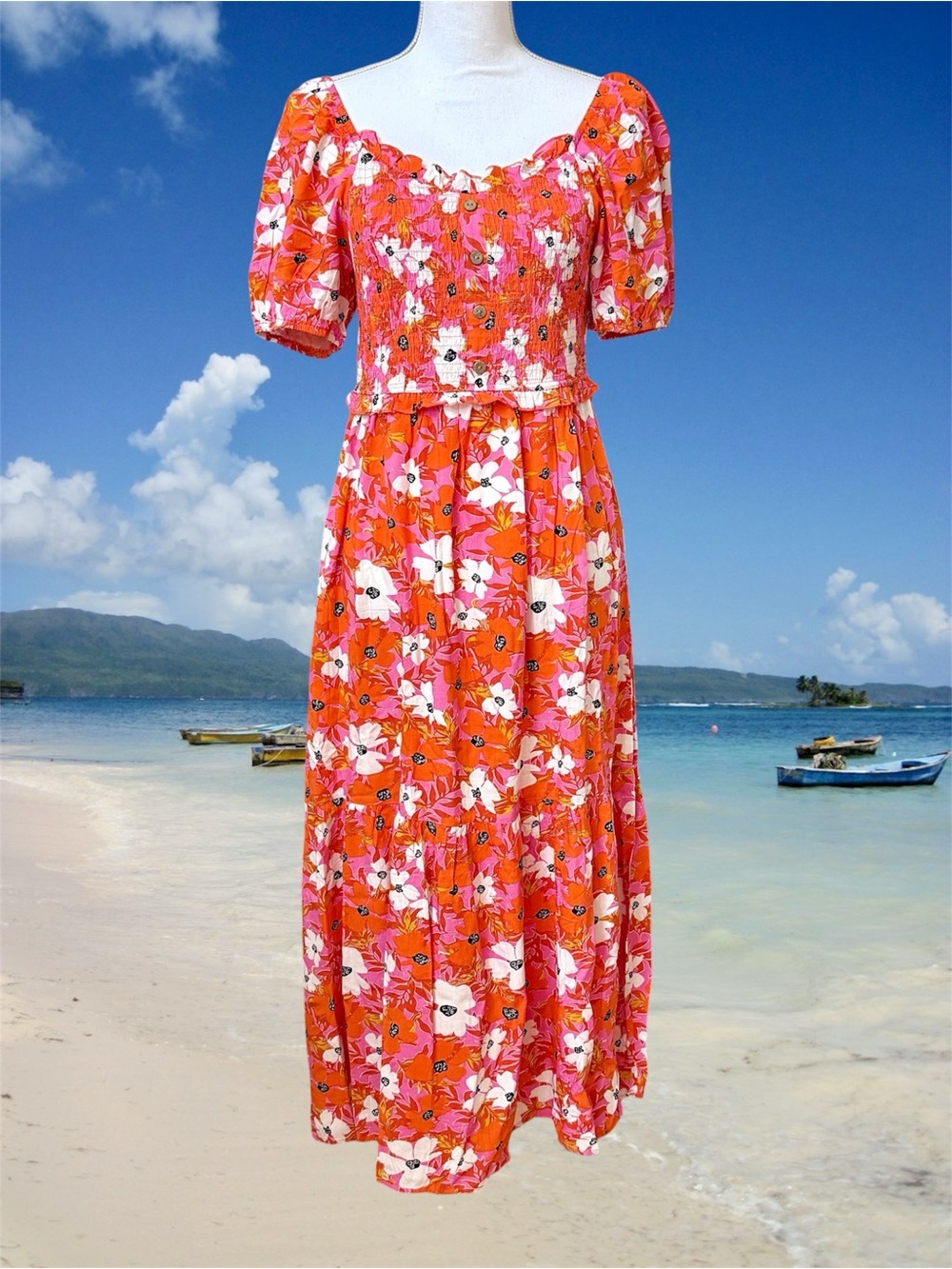 Bright Pink, Orange & White Floral Maxi Dress with Puff Sleeves Sz M NWT